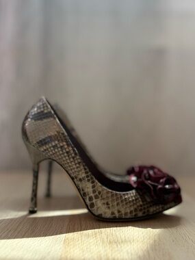 Manolo Blahnik Python Leather Floral Rosette Pumps